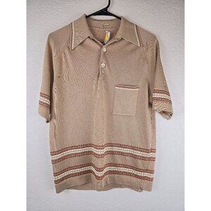 Vintage Donegal Coleseta Knit Polo Shirt Beige Retro Mod Striped Short‎ Sleeve